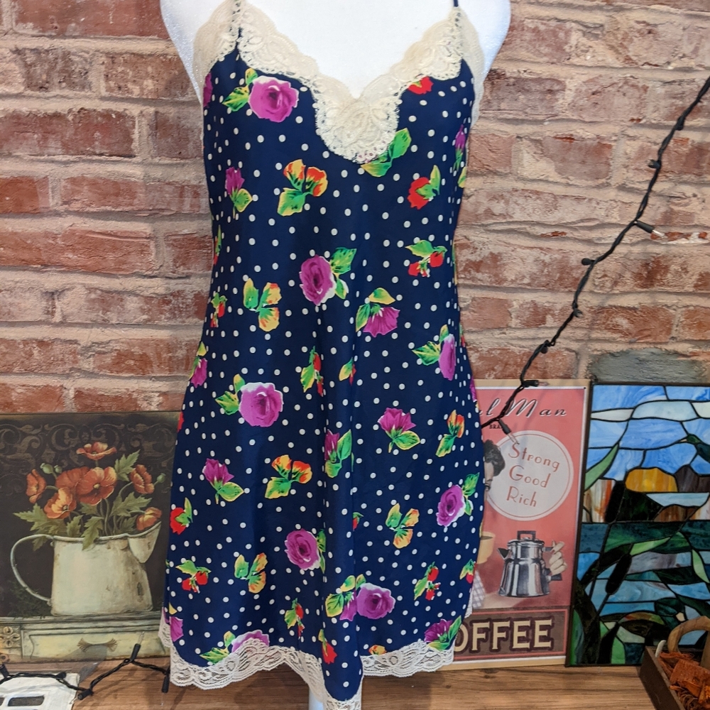Vintage Victoria's Secret Gold Label Polka Dot & Floral Print Slip Dress P/ S